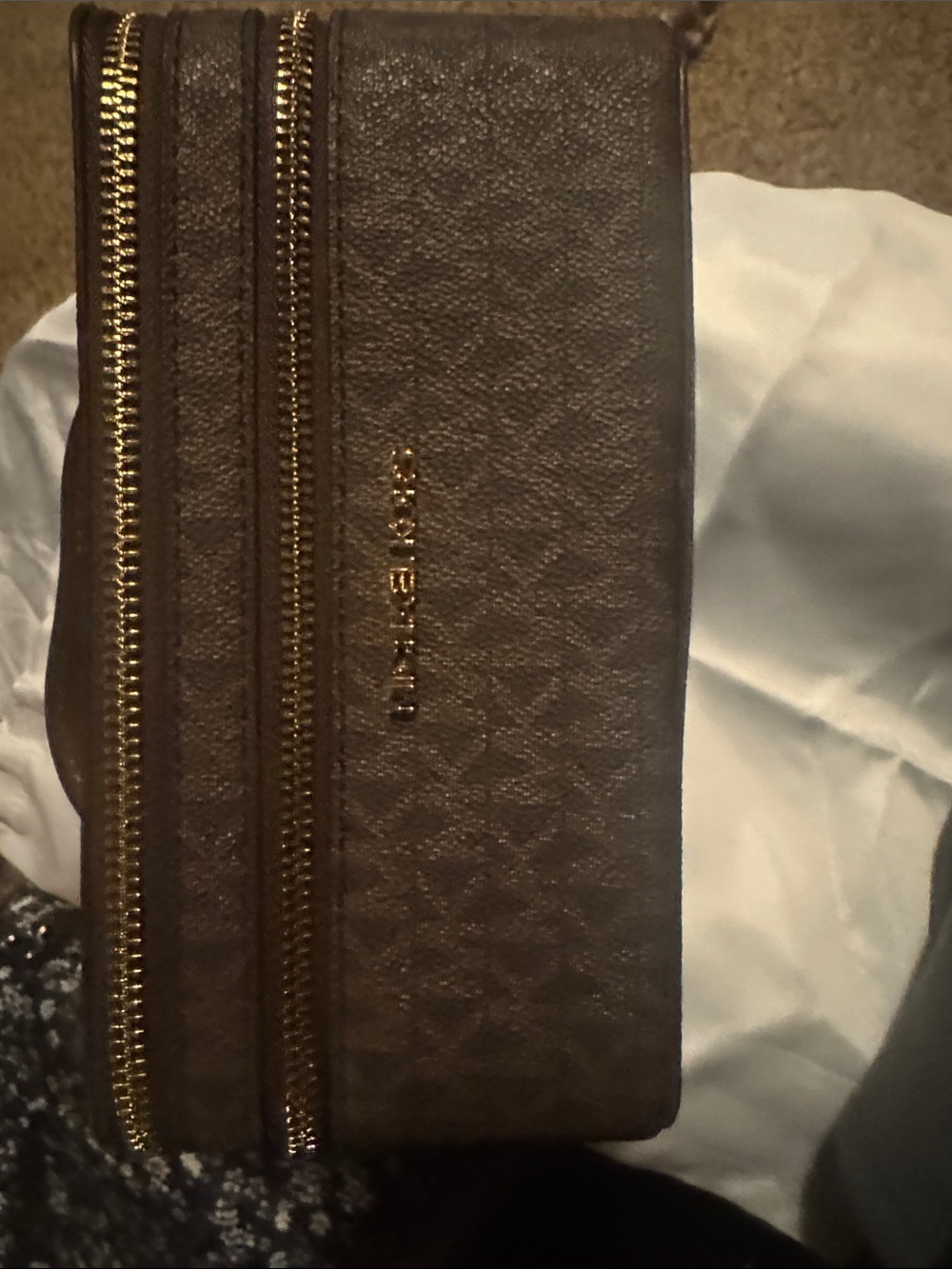 Michael Kors Chocolate Brown Textured Leather Double-Zip Toiletry Pouch